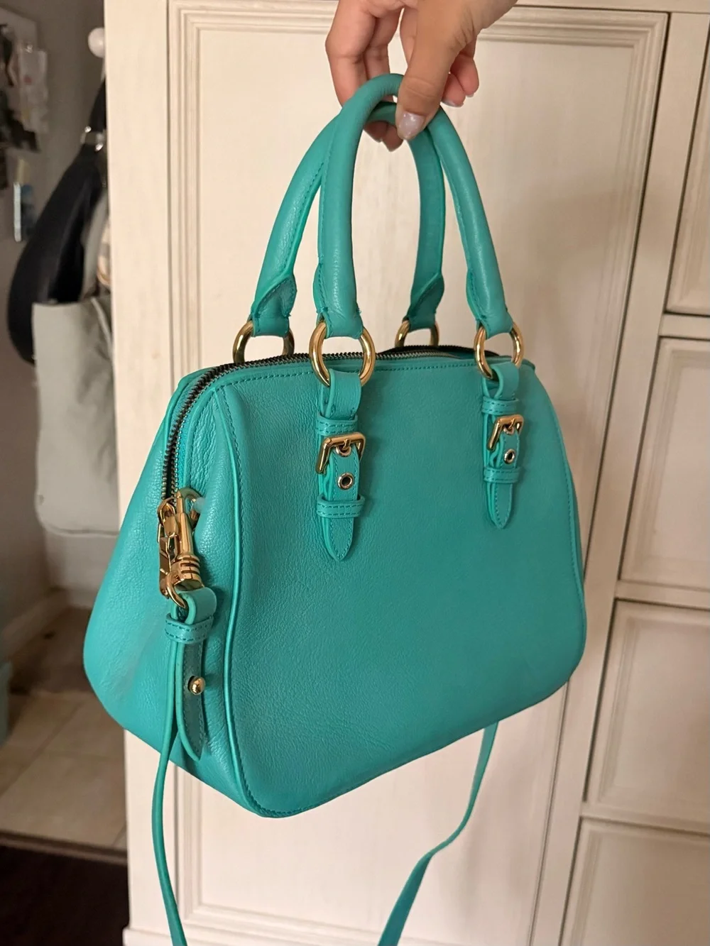 Miu Miu Turquoise Structured Leather Satchel with Gold Hardware